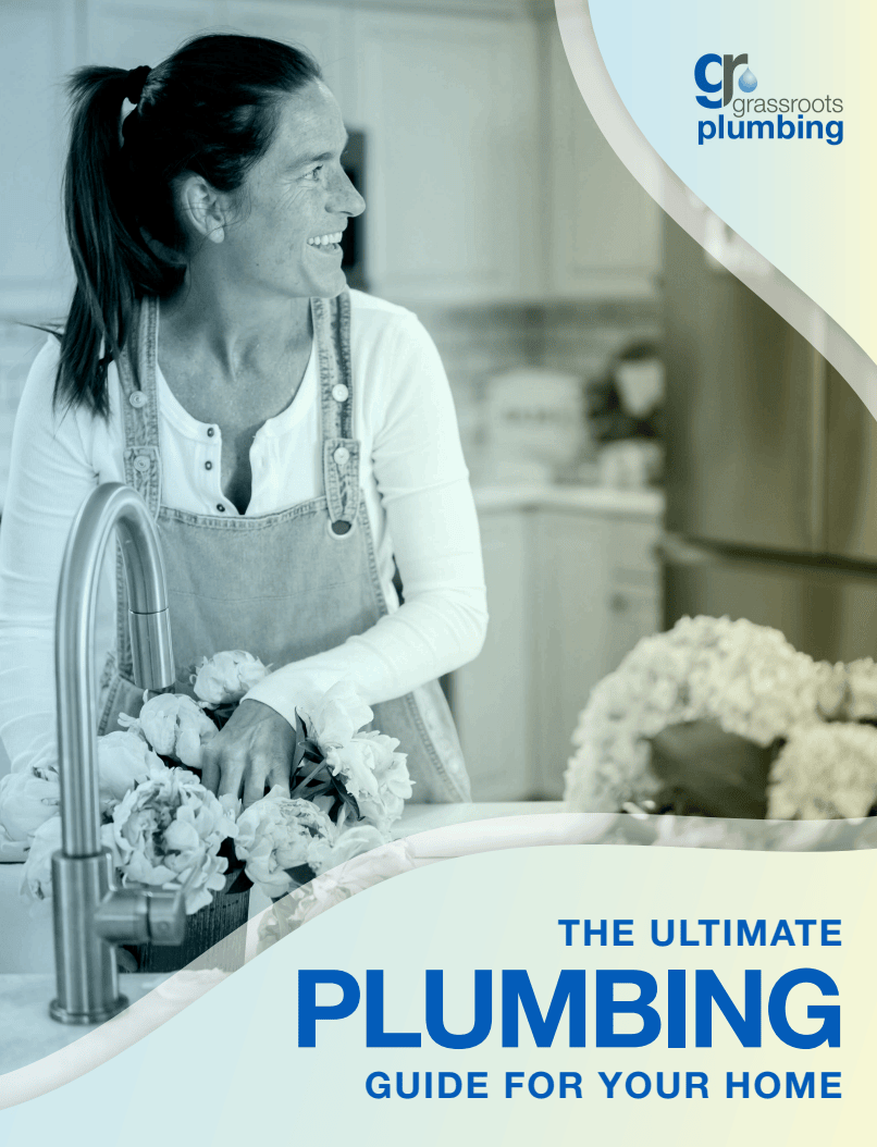 book cover with a woman smiling with phone with text saying the ultimate plumbing guide